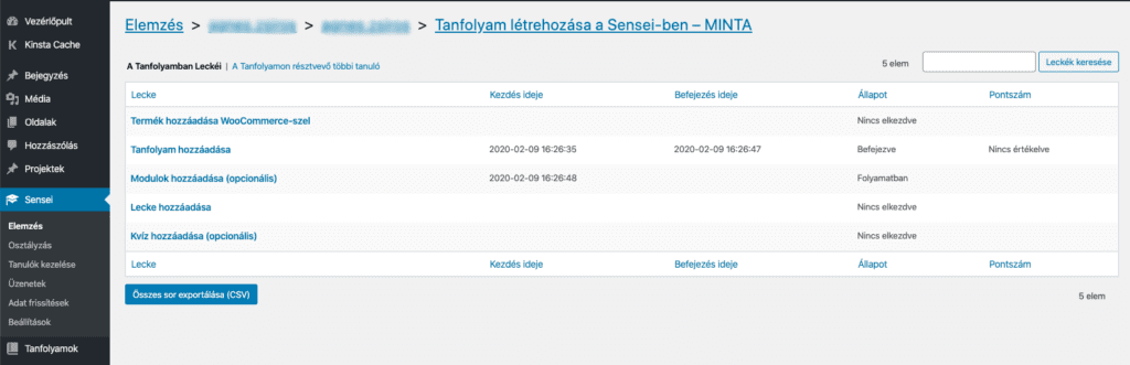 Elemzés - felhasználó - tanfolyam - leckék - Sensei