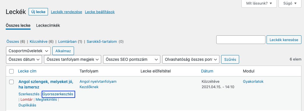Lecke Gyorsszerkesztés opció - Sensei