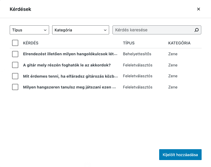 Meglévő kérdések hozzáadása - Sensei