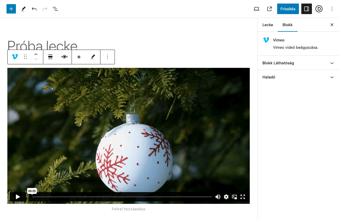 Vimeo lejátszóablak - Vimeo blokk - Sensei