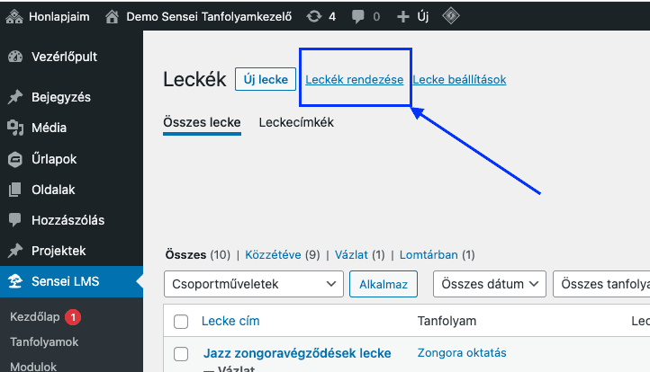 Leckék rendezése menüpont - Sensei