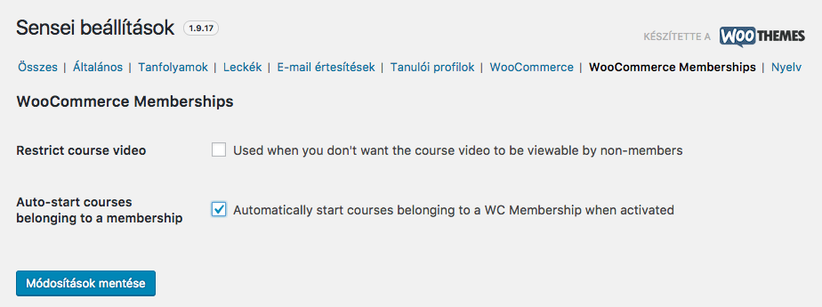 Sensei beállítások Memberships használata esetén