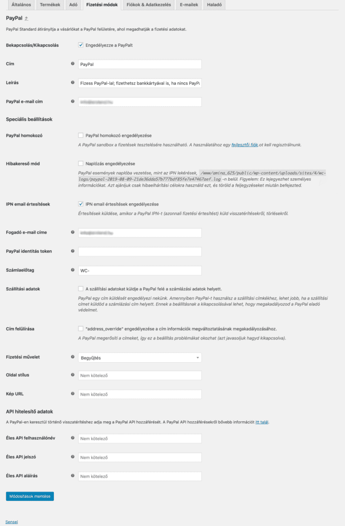 PayPal beállítások - Sensei
