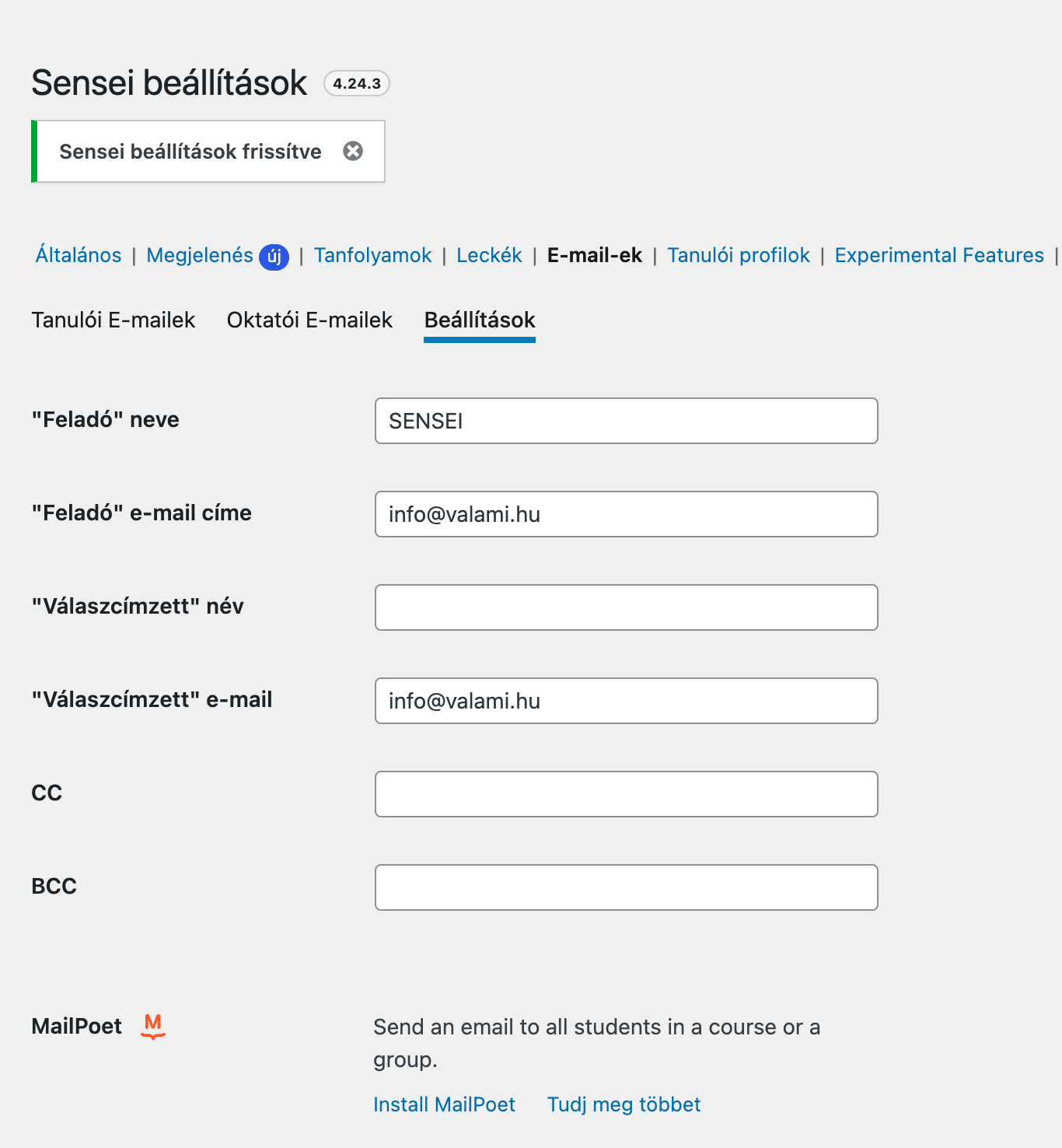 Tanfolyami email-ek Feladójának beállítása - Sensei