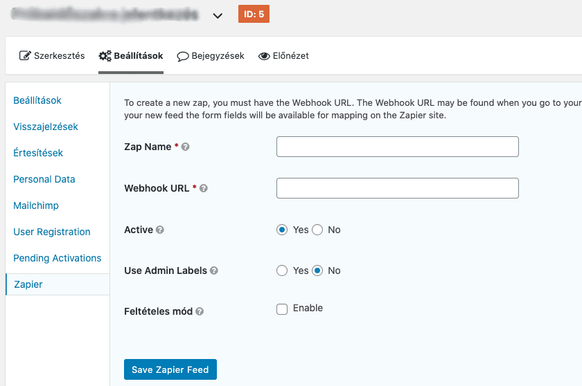 Gravity Forms Zapier beállításai - Sensei