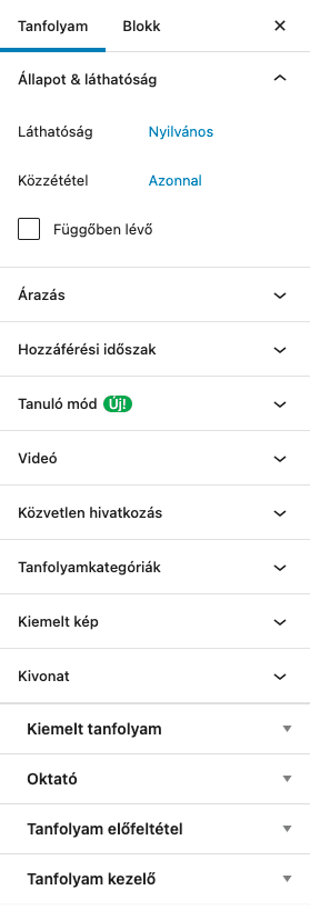 Tanfolyam bejegyzés beállítások az oldalsávban - Sensei