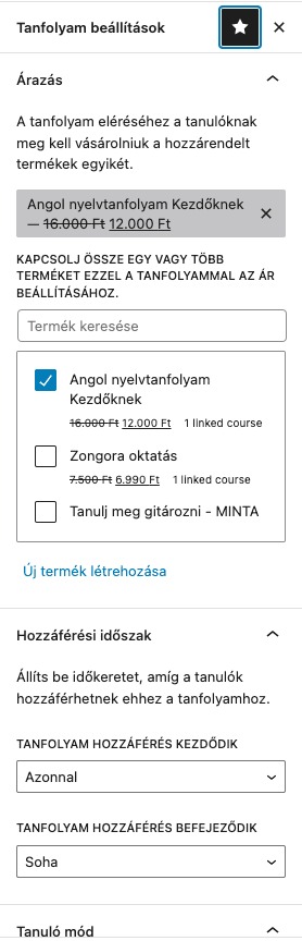 Külön tanfolyam beállítások lap - Sensei