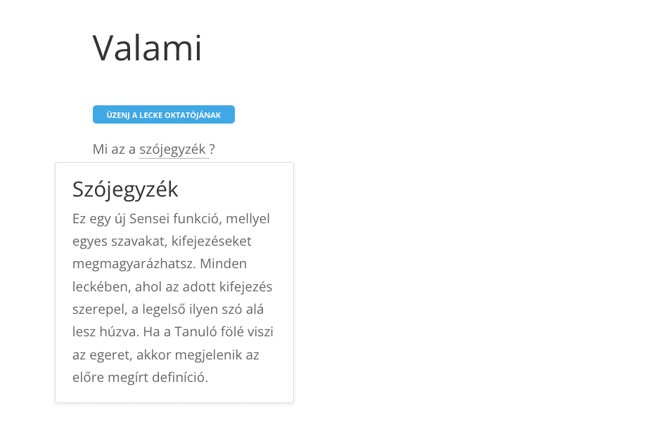 Szójegyzék működése a leckében - Sensei