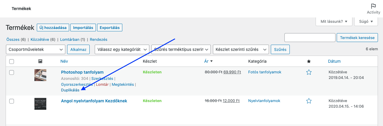 Termék duplikálása - Sensei