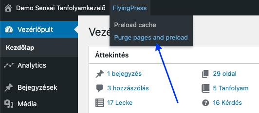 Cache törlés - FlyingPress - Sensei
